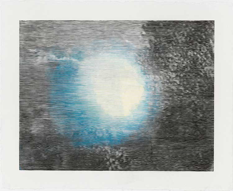 Christiane Baumgartner. Weisse Sonne / Schwarze Sonne, 2016. Woodcut Diptych on Kozo paper, 85 x 110 cm / 105 x 130 cm (image size / paper size). Courtesy Christiane Baumgartner and Cristea Roberts Gallery, London. Christiane Baumgartner © VG Bild-Kunst Bonn e.V. 2021