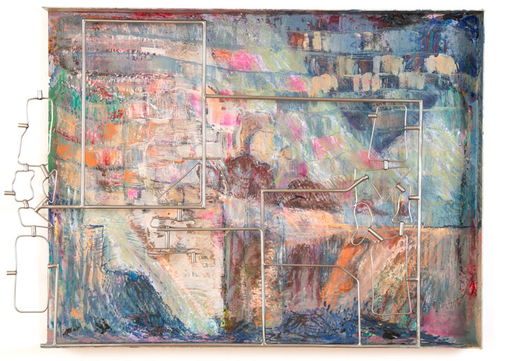 Sara Barker. GAP, 2020. Stainless steel tray, stainless steel rod, automotive paint, oil paint, 45 x 55 x 6 cm. Photo: Mike Bolam.