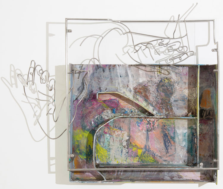 Sara Barker. JOINT, 2020. Stainless steel tray, stainless steel rod, automotive paint, oil paint and stick, varnish, tinfoil perspex, 60 x 49 x 9 cm. Photo: Mike Bolam.