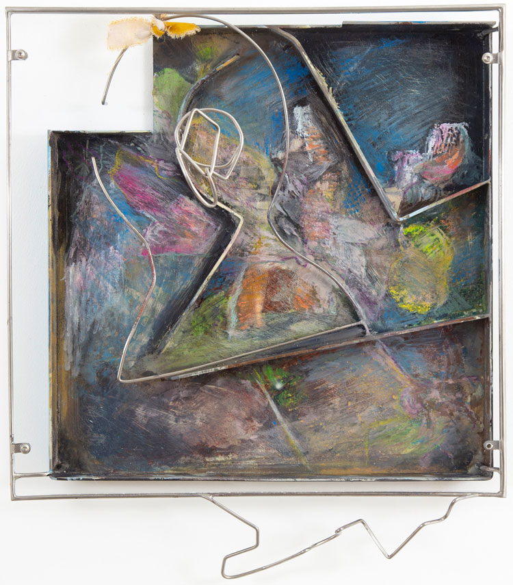 Sara Barker. PULL, 2020. Stainless steel tray, stainless steel rod, automotive paint, oil paint, rag, perspex, 43 x 50 x 16 cm . Photo: Mike Bolam.