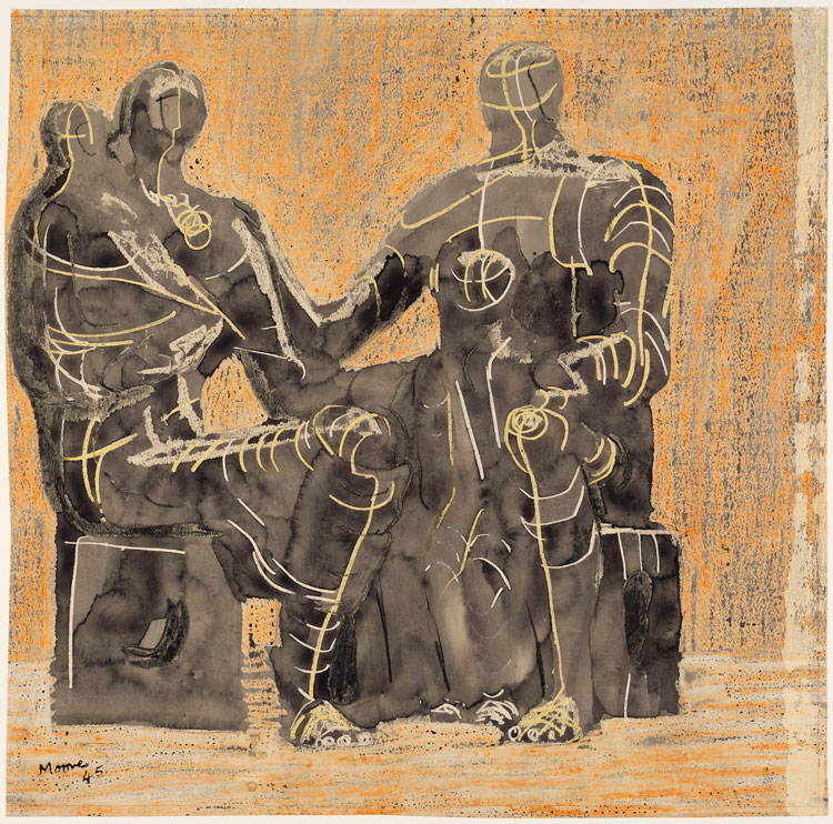 Henry Moore, Family Group, 1944, pencil, wax crayon, charcoal, wash on paper, Sainsbury Centre for Visual Arts, University of East Anglia, United Kingdom, photo by Marcus Leith, © The Henry Moore Foundation, UK.