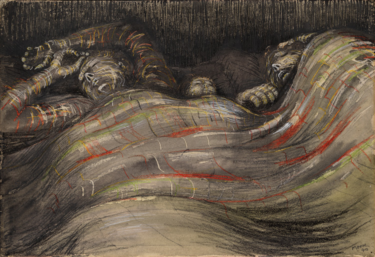 Henry Moore, Sleeping Shelterers: Two Women and a Child, 1940, ink and watercolour on paper, Sainsbury Centre for Visual Arts, University of East Anglia, United Kingdom, photo by Marcus Leith, © The Henry Moore Foundation, UK.