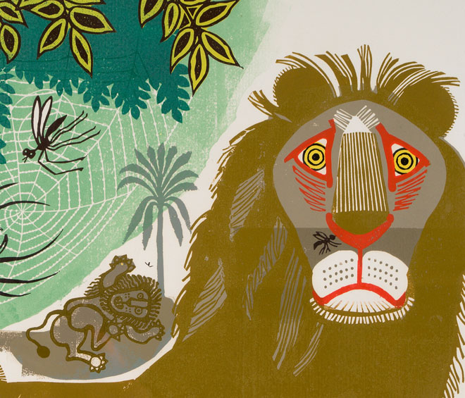 Edward Bawden. [Aesop’s Fables] Gnat and Lion, 1970. Colour linocut on paper. Trustees of the Cecil Higgins Art Gallery (The Higgins Bedford), © Estate of Edward Bawden.