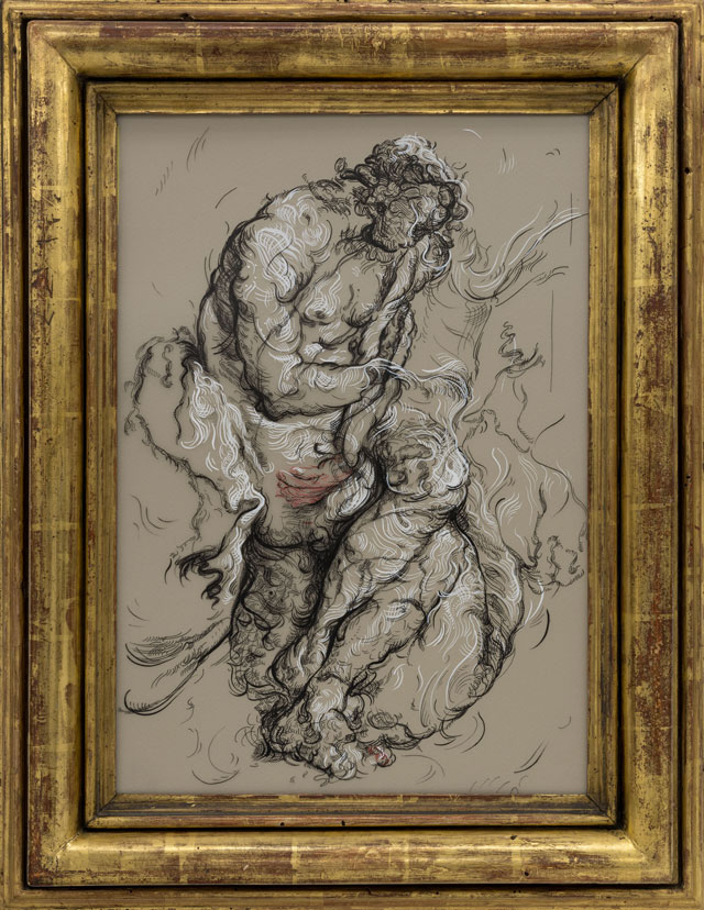 Glenn Brown. Drawing 16 (after Van Noordt), 2017. Indian ink and acrylic paint on film, and frame, 32.1 x 22.6 cm. © Glenn Brown. Courtesy of the artist and Gagosian. Photograph: Edgar Laguinia.