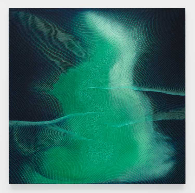 Shirazeh Houshiary. Valence, 2022. Pigment and pencil on black aquacryl on canvas and aluminium, 47.24 x 47.24 in. Courtesy the artist and Lehmann Maupin, New York, Hong Kong, Seoul, and London. Photo by Eva Herzog.