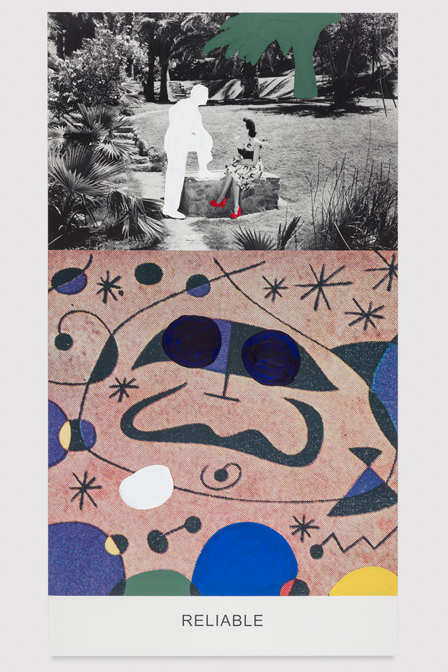 John Baldessari. Miró and Life in General: Reliable, 2016. Varnished inkjet print on canvas with acrylic paint, 95 11/16 x 49 in. No. 19348. © John Baldessari, courtesy of the artist and Marian Goodman Gallery. Photograph: Joshua White.