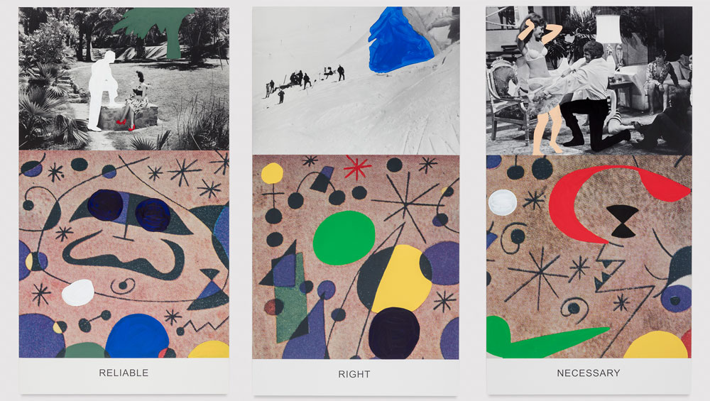 John Baldessari. Miró and Life in General: Reliable, 2016. Varnished inkjet print on canvas with acrylic paint, 95 11/16 x 49 in. No. 19348. © John Baldessari, courtesy of the artist and Marian Goodman Gallery. Photograph: Joshua White.