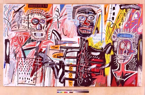 Jean-Michel Basquiat, Philistines 1982. Acrylic and oil paintstick on canvas 72 x 123 in. (182.9 x 312.4 cm). Collection of Mr. and Mrs. Thomas E. Worrell Jr.