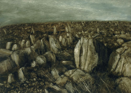 Nicholas Blowers. Boulders retreating down a mountain, 2007. Oil on paper, 92 x 130 cm