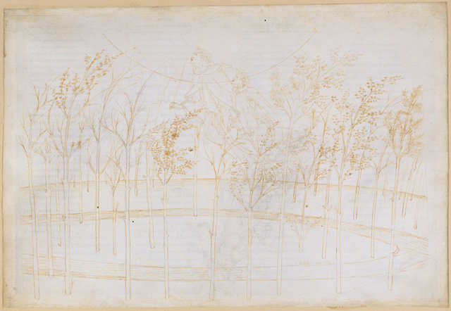 Sandro Botticelli. Beatrice and Dante ascending to the heaven of fire (Divine Comedy, Paradiso II), c1481-1495. Pen and brown ink over metal pen on parchment, 32.4 x 47.6 cm. © Staatliche Museen zu Berlin, Kupferstichkabinett/Philipp Allard.