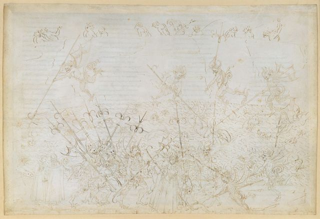 Sandro Botticelli. Punishment of the corrupt in the eighth circle (Divine Comedy, Inferno XXII), c1481-1495. Pen and brown ink over metal pen on parchment, 32.9 x 47.1 cm. © Staatliche Museen zu Berlin, Kupferstichkabinett/Philipp Allard.