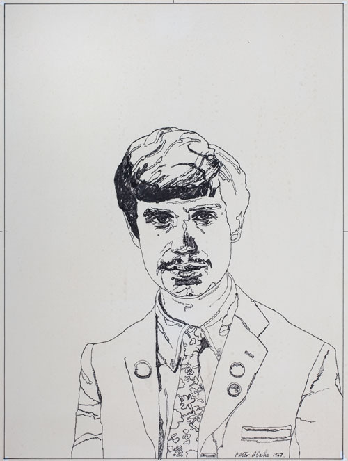 Peter Blake. The Student, 1967. Ink on paper
, 34.5 x 25.7cm. Cover illustration for Student magazine, published by the 16-year-old R Branson. Robert Fraser Gallery.