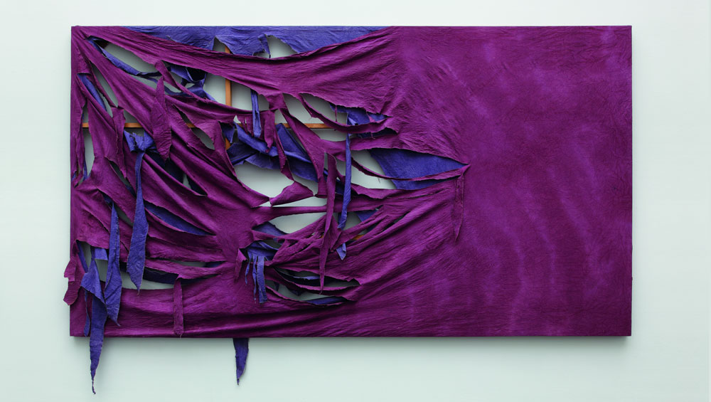 Michael Buthe. Landscape (Spanish Energy), 1985. Mixed media, wood, brocade, acrylic on canvas, 218.5 x 165 x 33 cm. Private collection, courtesy Alexander and Bonin, New York. Photograph: Jörg Lohse © VG Bild-Kunst, Bonn, 2016.