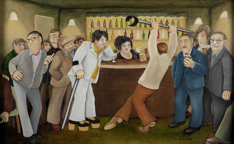 Beryl Cook, Back Bar of the Lockyer Tavern, 1976. Oil on board. Courtesy of www.ourberylcook.com © John Cook 2025.