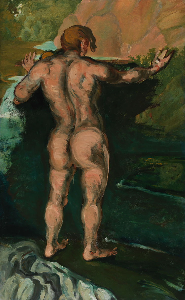Paul Cezanne, Bather and Rocks c1867-69. Oil painting on plaster wall, laid down and mounted on canvas, 167.6 x 105.4 cm. Chrysler Museum of Art; Don de Walter P. Chrysler, Jr. © Chrysler Museum of Art.