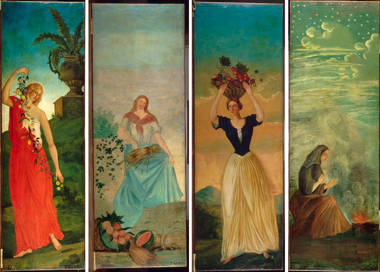 Paul Cezanne, The Four Seasons. Left to right: Le Spring, circa 1860;  L’Été, circa 1860;  L’Automne, circa 1860, L’Hiver, circa 1860. Oil painting on plaster wall, laid down and mounted on canvas. Petit Palais, musée des Beaux-Arts de la Ville de Paris, Don des héritiers d’Ambroise Vollard, 1950. © Grand Palais Rmn / Agence Bulloz.