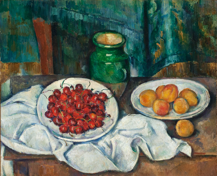Paul Cezanne, Nature morte au plat de cerises et aux pêches, 1885-87. Oil on canvas, 50.17 x 60.96 cm. Los Angeles County Museum of Art, Don d’Adele R. Levy Fund, Inc., et M. et Mme Armand S.Deutsch. © 2024 Museum Associates / LACMA. Licenciée par Dist. GrandPalaisRmn / image LACMA.