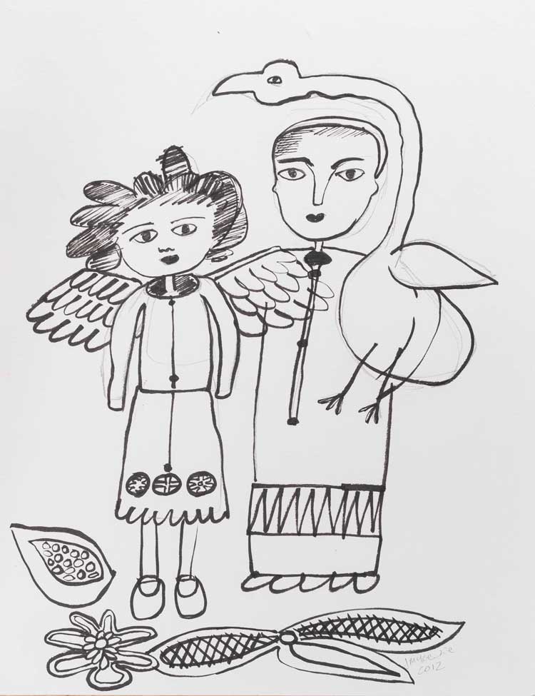 Janet McKenzie. Couple with Bird (after Mirka), 2002. Pen and ink, 30 x 21 cm. © The Artist.