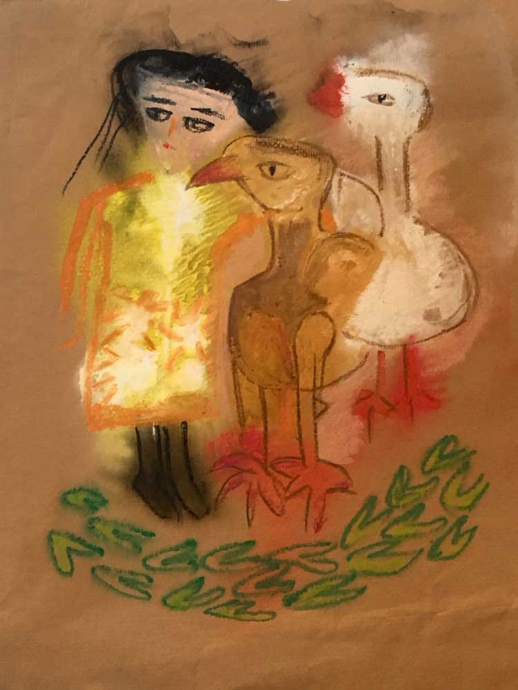 Janet McKenzie. Two Birds and Me, 2010. Pastel on Carson paper, 32 x 25 cm. © The Artist.