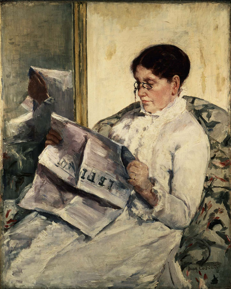 Mary Cassatt, Reading Le Figaro, 1878. Oil on canvas, 104 x 83.7 cm (40.9 x 32.9 in). Image Wikimedia Commons.