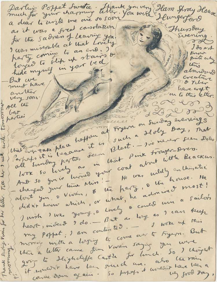 Dora Carrington, Cat and nude, illustrated letter to Poppet John, 1928, Dora Carrington Collection, Harry Ransom Center, The University of Texas at Austin.