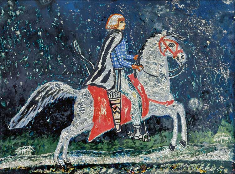Dora Carrington, Iris Tree on a Horse, c1920s. Oil, ink, silver foil and mixed media on glass. The Ingram Collection. Courtesy The Ingram Collection.