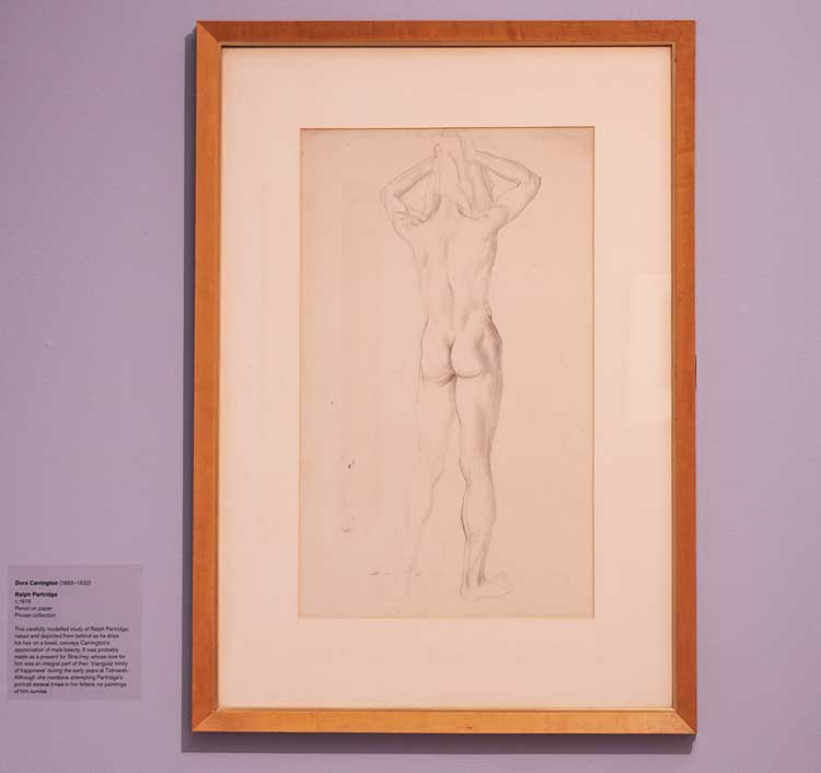 Dora Carrington, Ralph Partridge, 1919. Pencil on paper. Installation view, Dora Carrington: Beyond Bloomsbury, 9 November 2024–27 April 2025, Pallant House Gallery, Chichester. Image courtesy Pallant House Gallery. Photo: Barney Hindle.