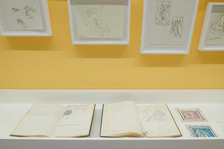 Drawings and notebooks. Judy Chicago: Revelations, 2024. Installation view, Serpentine North. © Judy Chicago/Artists Rights Society (ARS), New York. Photo: Jo Underhill. Courtesy Judy Chicago and Serpentine.
