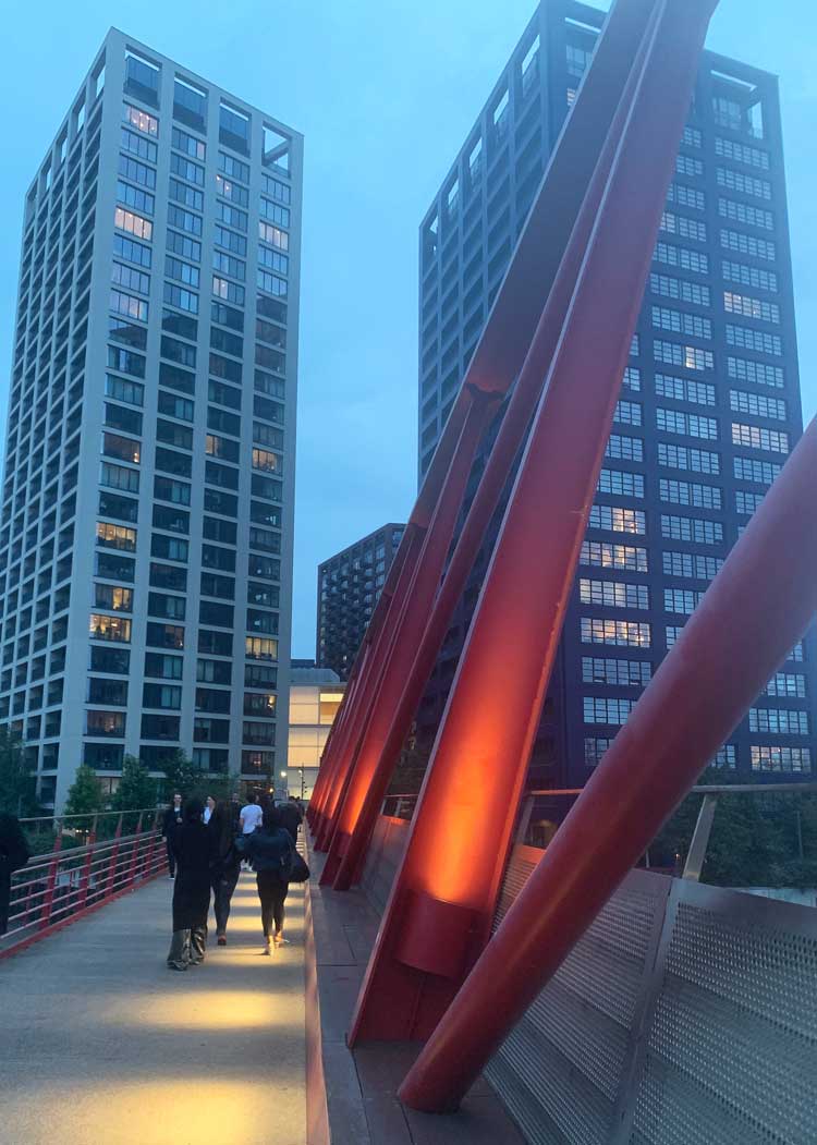Pedestrian bridge to London City Island. Photo: Bronac Ferran.
