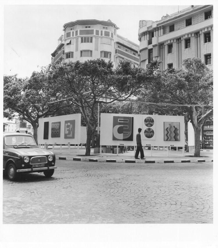 View of Plastic Presence manifesto exhibition, 16 November Square, Casablanca, June 1969. Photo: M. Melehi. © M. Melehi archives/estate.