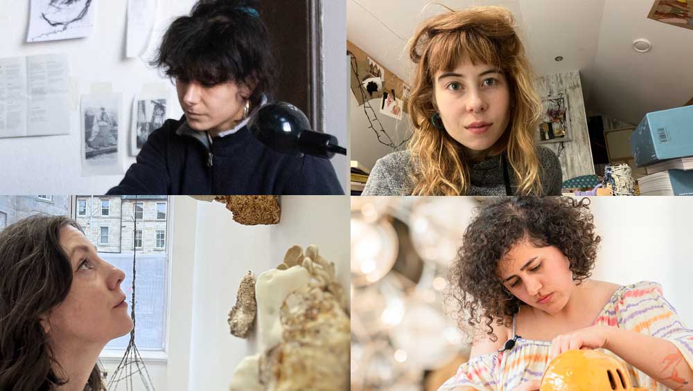 Clockwise from top left: Molly Wickett, Kasia Oleskiewicz, Taraneh Dana, and Eilidh Appletree. Photos of Molly, Kasia and Eilidh copyright and courtesy of the artists. Photo of Taraneh by Tom Morley, courtesy of New Art Exchange.