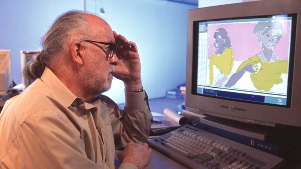 Harold Cohen with SGI System, photographed at Boston Computer Museum, 1995. Photographer Hank Morgan, image courtesy Gazelli Art House.