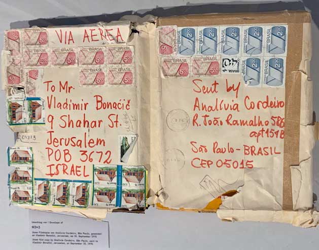 Letter sent by Analivia Cordeiro to Vladimir Bonačić, 1974, installation view, From Body to Code, ZKM (Centre for Art and Media), Karlsruhe 2023. Photo: Bronac Ferran.