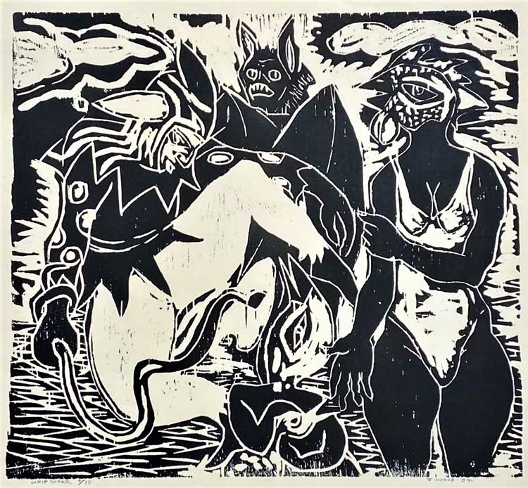 John Lyons, Whip Snake, 2004. Woodcut. Courtesy the artist.