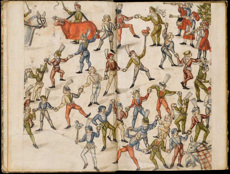 Manuscript. Sixty-two full-page drawings of the Schönbartläufer with arms of captains and occasional Höllen (pageant-sleighs). Southern German, gold and paper, height, page, 306 mm, width, page, 203 mm, 1580-1590. Image credit: © The Fitzwilliam Museum, Cambridge.