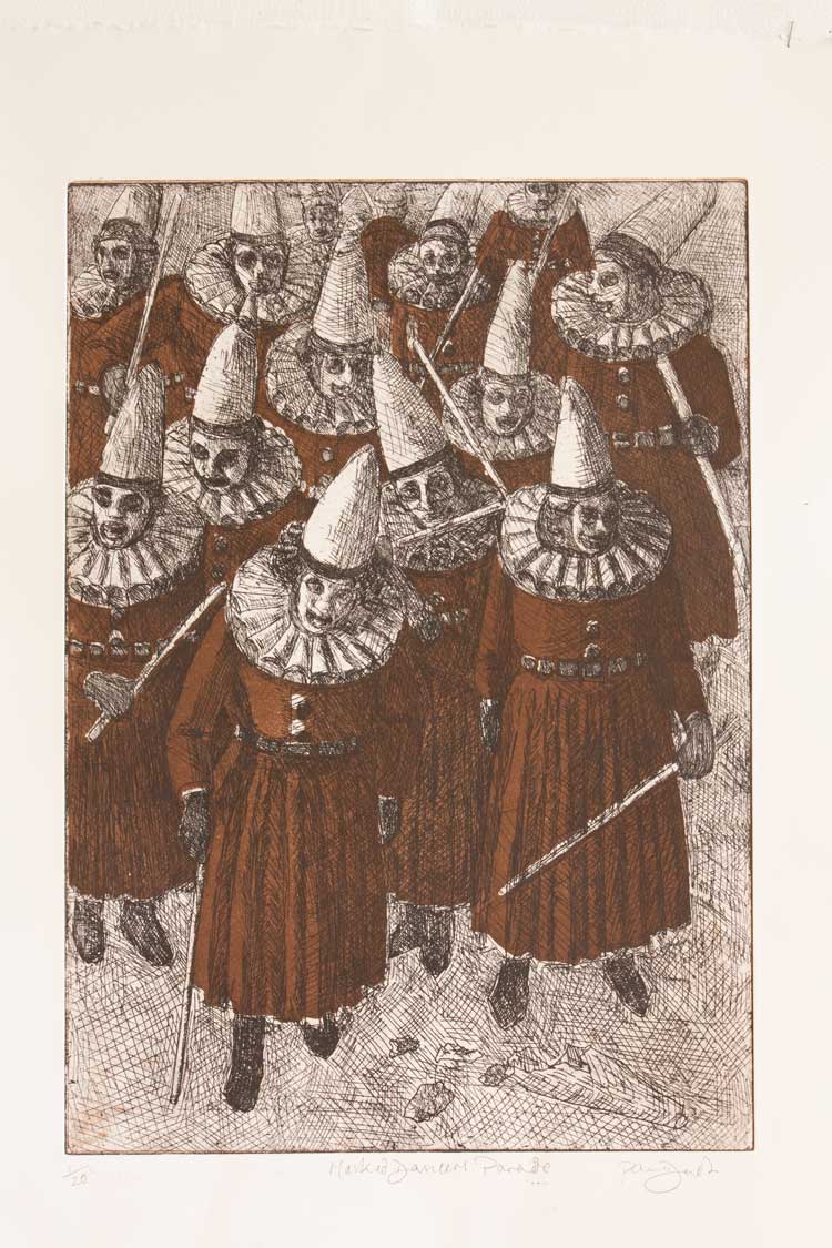 Paul Dash, Masked Stick-lick Fighters Parade, 2019. Etching. Courtesy the artist.