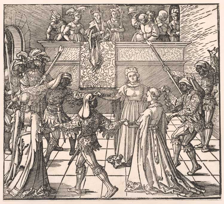 Albrecht Dürer, The Torch Dance at Augsburg or The Masquerade. 16th Century, woodcut print from The Freydal Woodcuts series. Image: © The Fitzwilliam Museum, Cambridge.