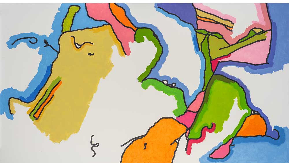 Harold Cohen, First Sighting, 2012. Oil over pigment ink on canvas, 121.9 x 219.7 cm.