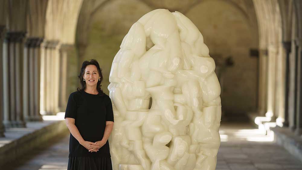 Jacquiline Creswell portrait. Photo: Ash Mills. Sculpture: Sail, 2016 by Tony Cragg, White Onyx 220 x 114 x 34 cm. Courtsey of the artist and Lisson Gallery.
