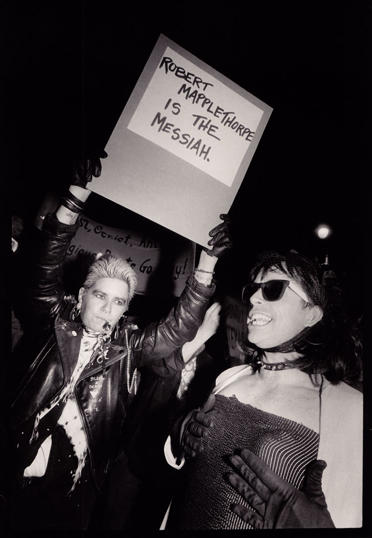 Phyllis Christopher. Protest Against Anti-Gay Christian Fundamentalist Preacher Larry Lea, Halloween Night, San Francisco, CA, 1990. Silver gelatin print. © Phyllis Christopher.