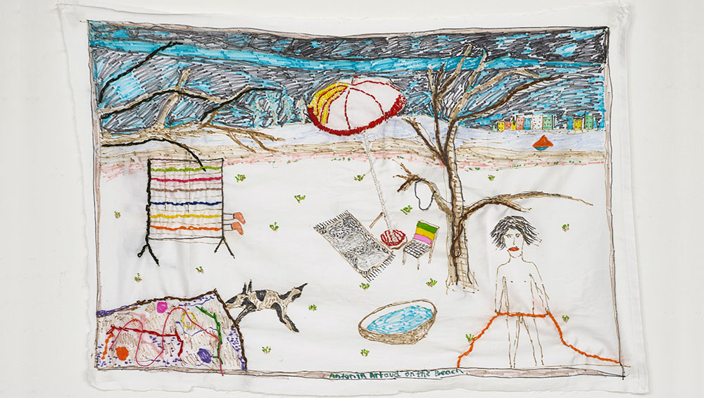 Brian Dawn Chalkley. Antonin Artaud on the beach, 2020. Pencil, felt tip and thread on cotton pillow case, 75 x 45 cm.