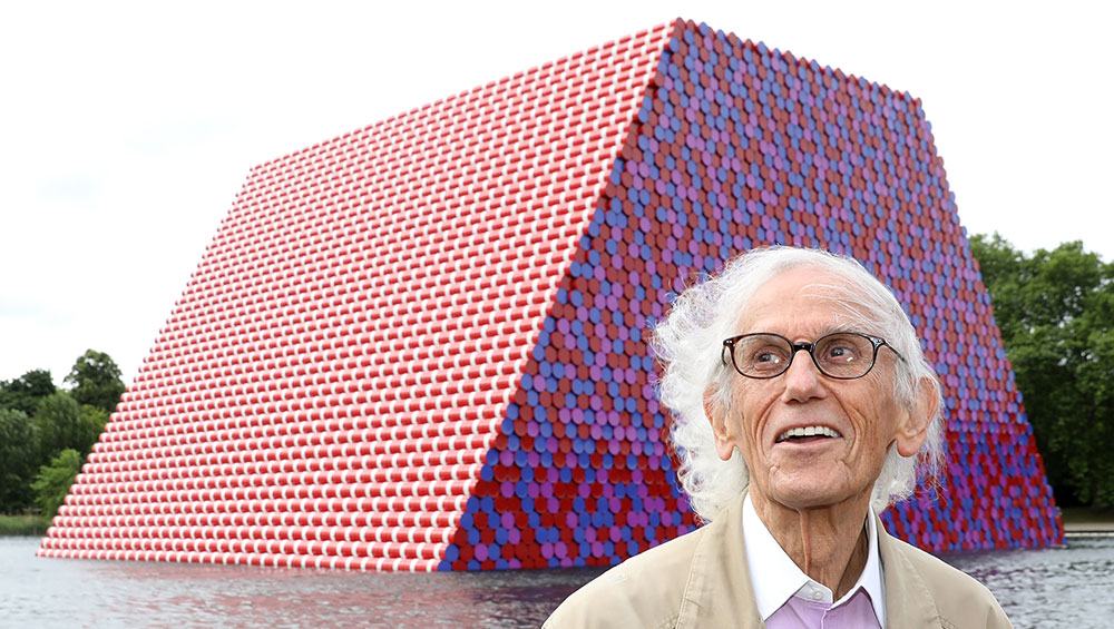 Christo in front of the London Mastaba, Hyde Park, London, 2018. Photo: Tim Whitby, Getty.