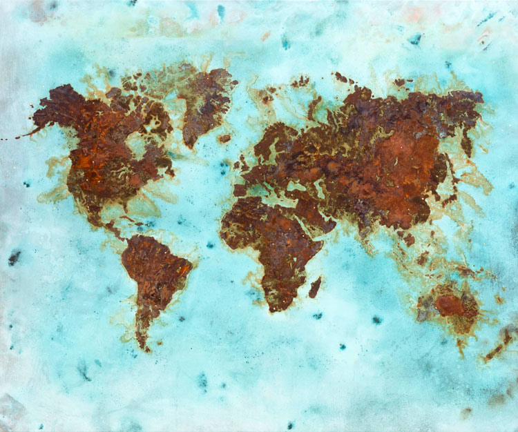 John Keane, Flat Earth Series 7, 2019. Reactive metal paint, gold, diamonds on linen. © John Keane, Courtesy of Flowers Gallery.