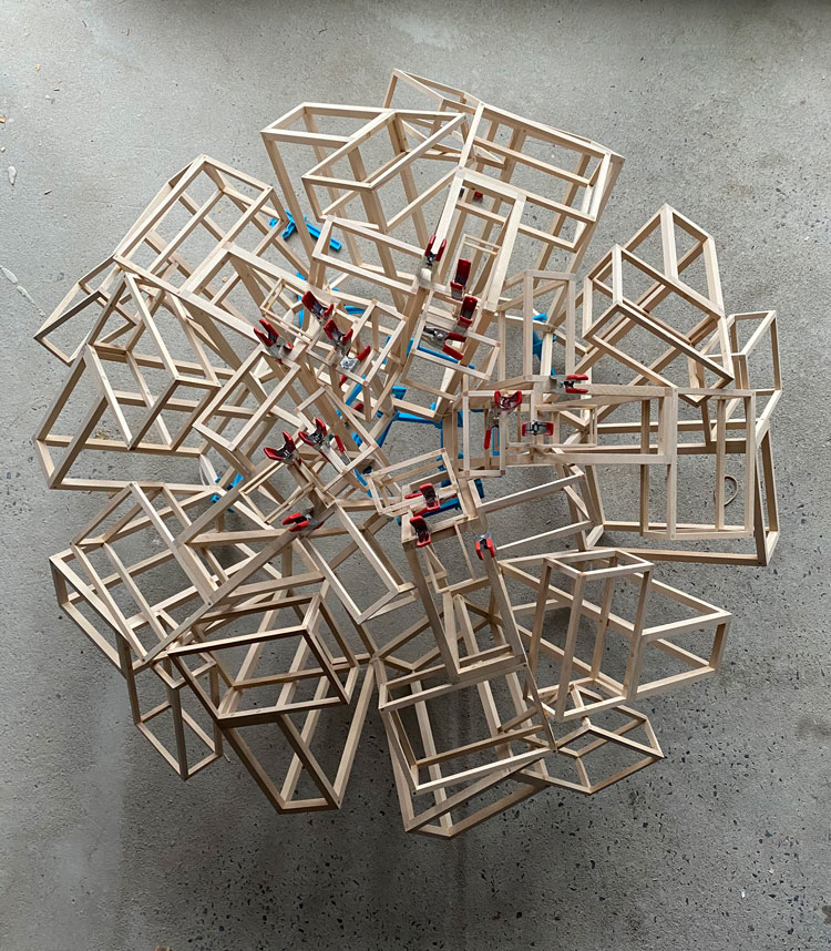 John Powers, Structural Study (play), 2020. Basswood, bamboo, clamps and zip ties, 30 x 24 in. © the artist.