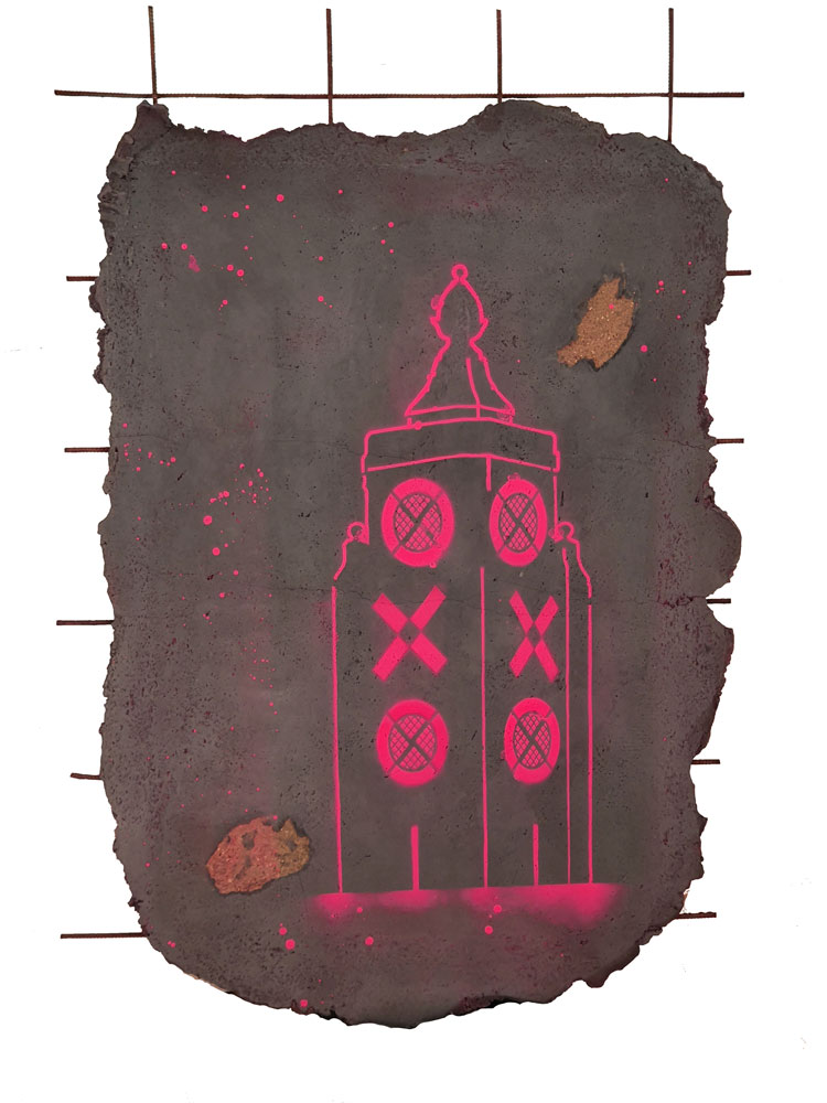Michael Wallner, The Oxo Tower, 2020. Spraypaint on concrete with steel bars, 95 x 65 cm approx. © Michael Wallner 2020.