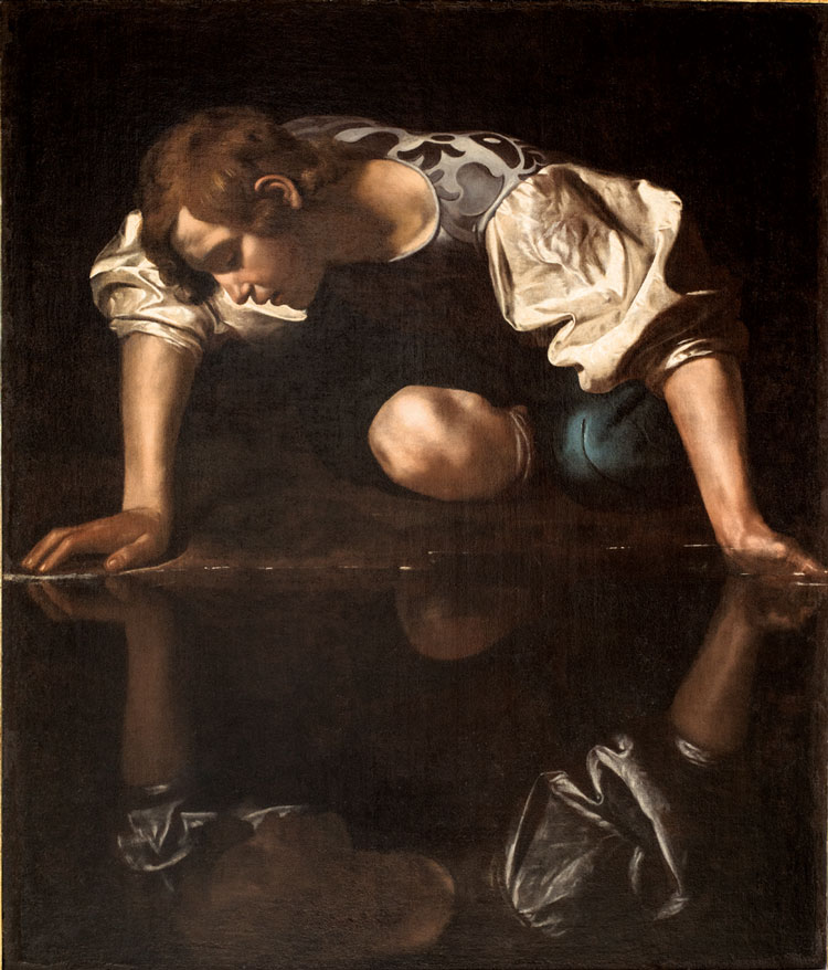 Michelangelo Merisi da Caravaggio, Narcissus, Rome, c1600. Oil on canvas, 113.3 x 94 cm. Rome, Gallerie Nazionali d’Arte Antica, Palazzo Barberini; gift of Vasilij Bogdanovič Khvoschinskij, 1916. Photo: Gallerie Nazionali d’Arte Antica – Bibliotheca Hertziana, Max Planck Institute for Art History/Enrico Fontolan.