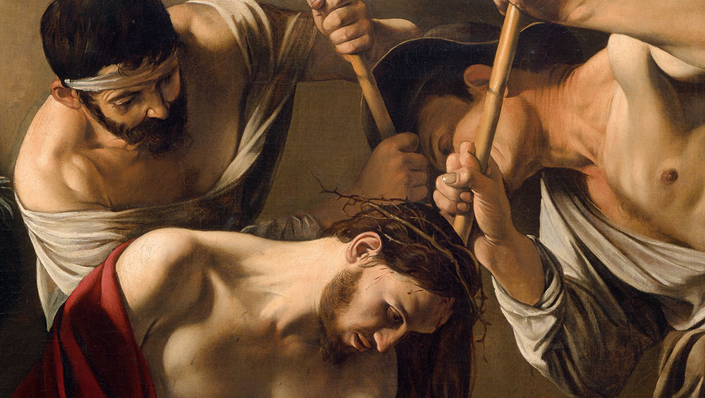 Michelangelo Merisi da Caravaggio, The Crowning with Thorns, Rome, c1603. Oil on canvas, 127 cm x 165.5 cm (50 x 65.2 in). Vienna, Kunsthistorisches Museum.