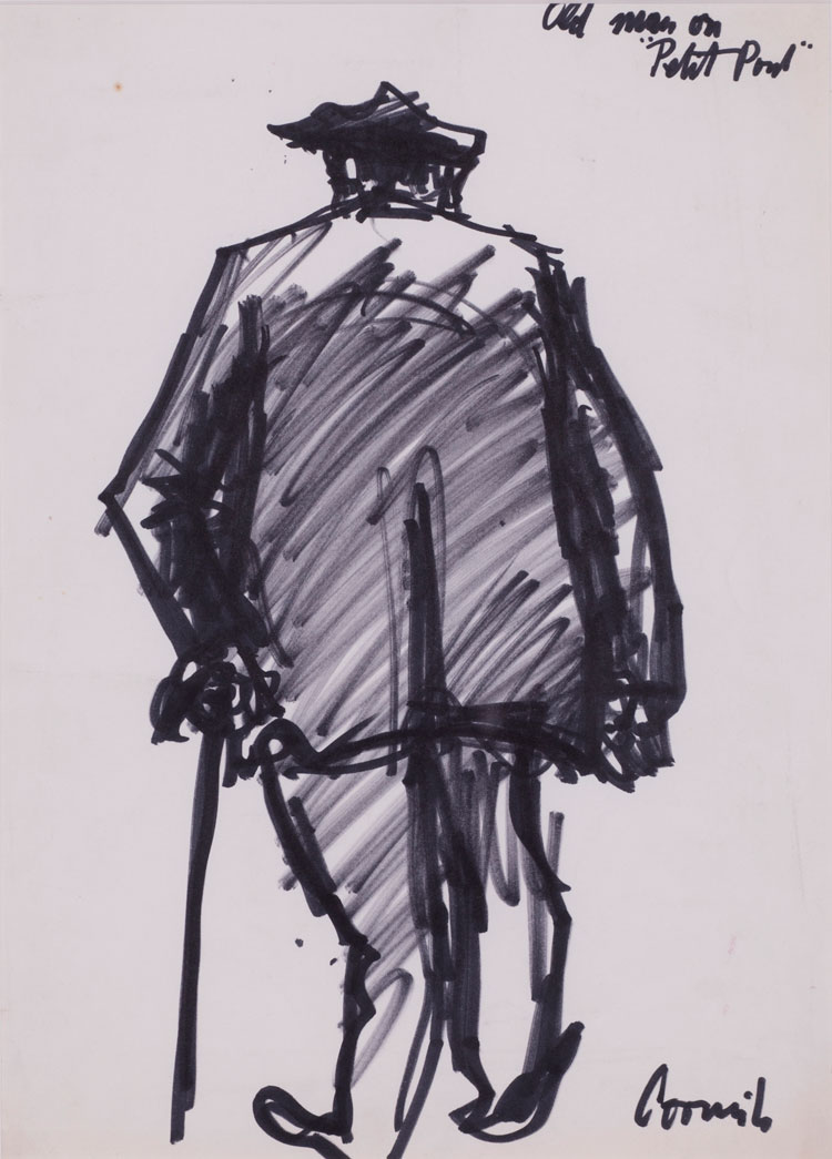 Norman Cornish. Old Man on 'Petit Pont' (Paris), 1966. Ink on paper, 35 x 25 cm. © Courtesy of Norman Cornish Estate.