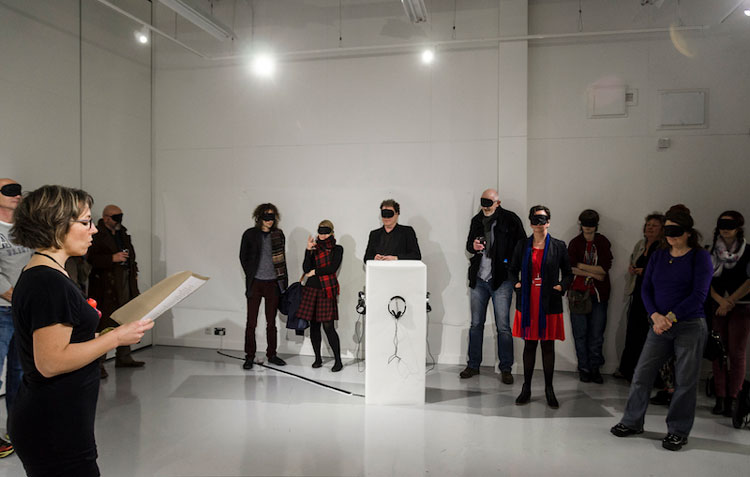 Alison Carlier. Listening to Adjectives, Lines and Marks - Performance, 2014. Hardwick Gallery, University of Gloucestershire, Cheltenham. Photo: Nikolaos Vozaitis.