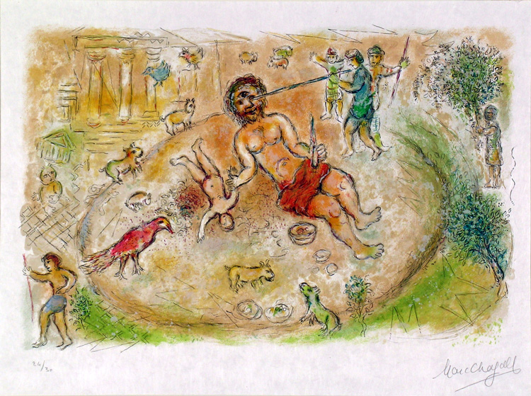 Marc Chagall. Polyphemus, illustration for the publication The Odyssey by Homer, volume 1, edited by Fernand Mourlot, Paris, 1974-1975. Colour lithograph on Japanese paper, 42.5 x 65 cm. © Association des Amis du musée national Marc Chagall, Nice. © ADAGP, Paris, 2019.